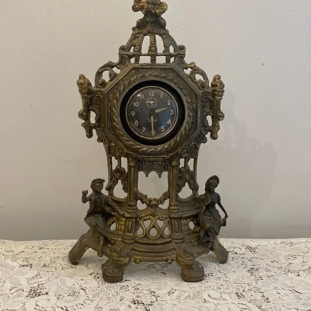 Vintage Lowenthal  Cast Brass Table Mantle Clock Ornate Victorian Style